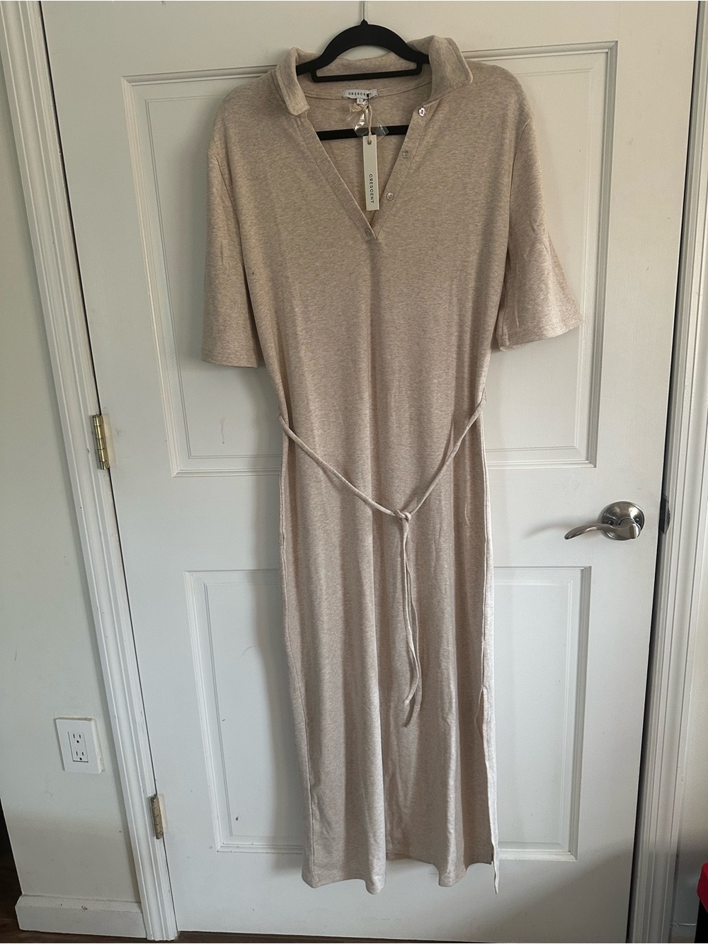Crescent Beige Knit Maxi Dress Tie Waist Large Poly Cotton Spandex New